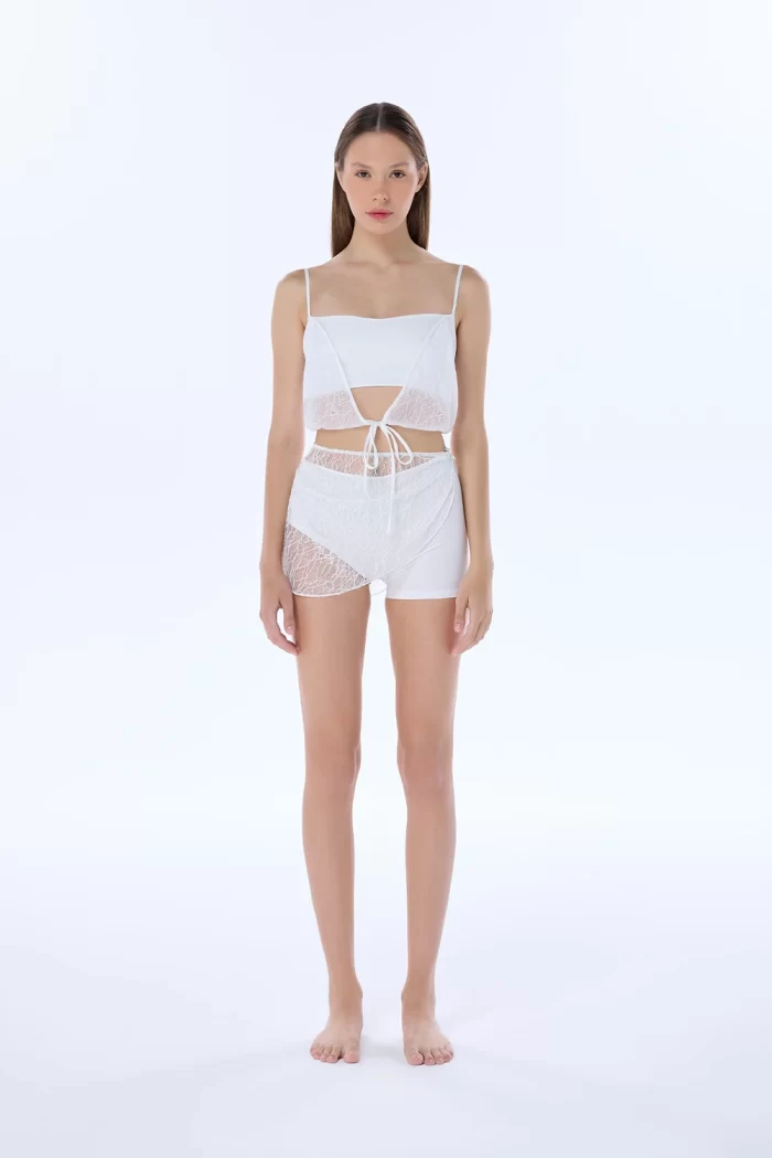 gia white lace asymmetric shorts